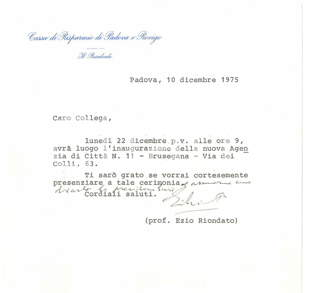 Autografo originale 1975 PADOVA Lettera Ezio RIONDATO  Presidente Cassa di Risparmio  AUTOGRAFO 1