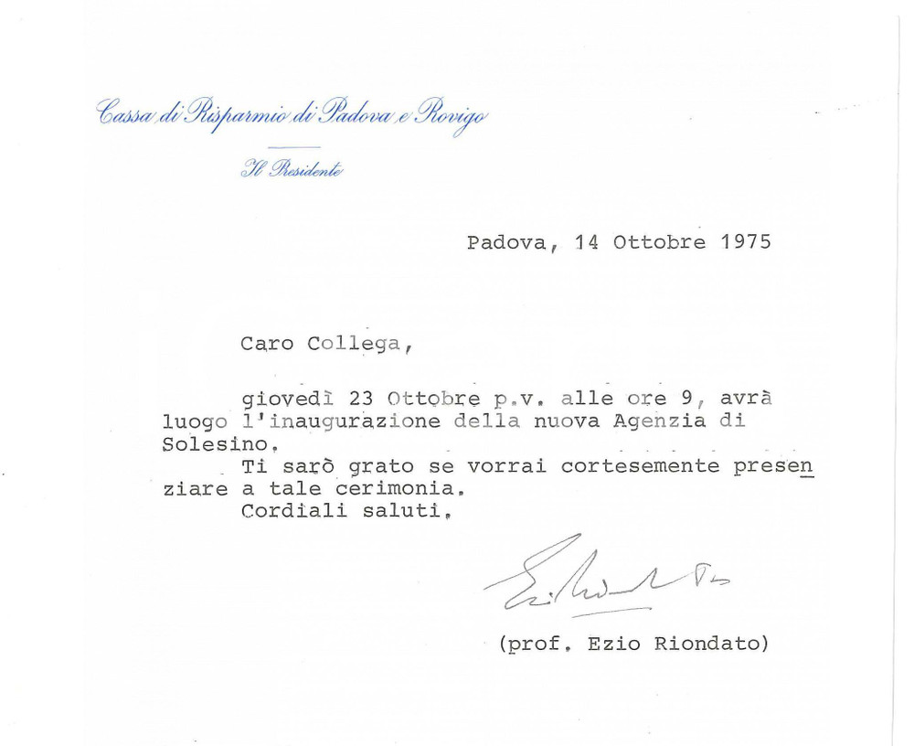 Autografo originale 1975 PADOVA Lettera Ezio RIONDATO per inaugurazione sede  AUTOGRAFO 1