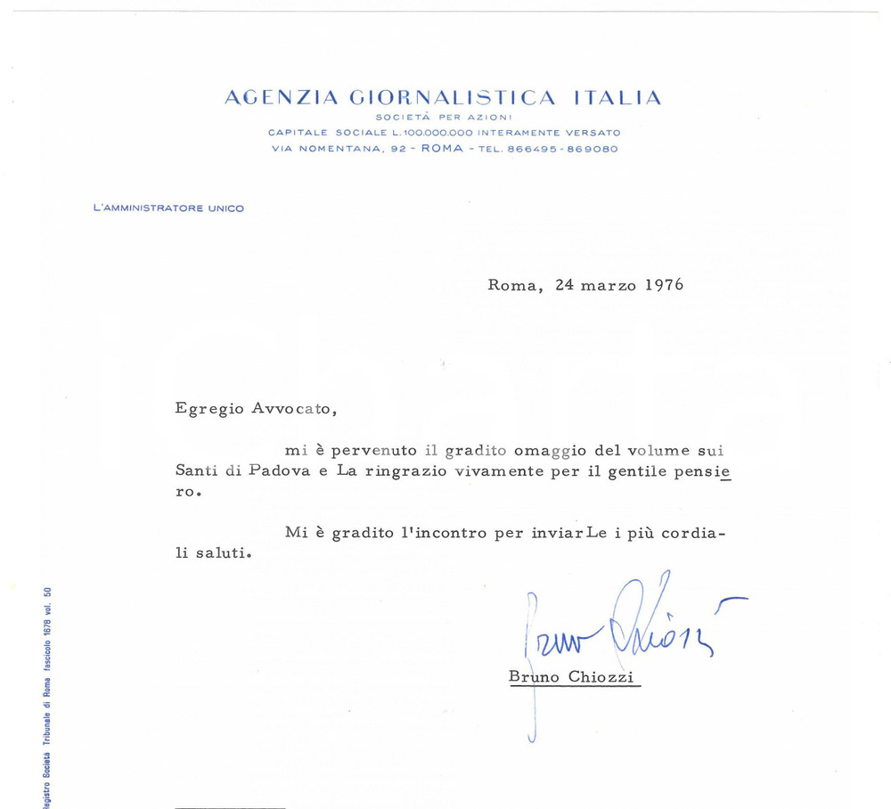 Autografo originale 1976 ROMA Lettera Bruno CHIOZZI  Agenzia Giornalistica Italiana AUTOGRAFO 1