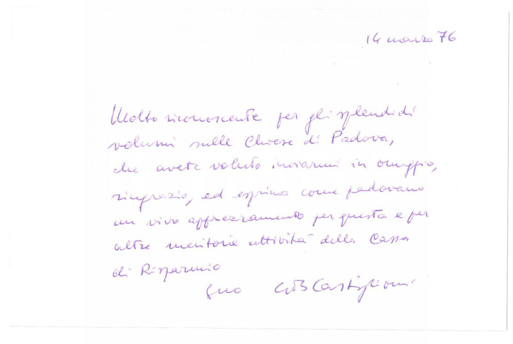 Autografo originale 1976 PADOVA Giovanni Battista CASTIGLIONI geografo  Biglietto AUTOGRAFO 1