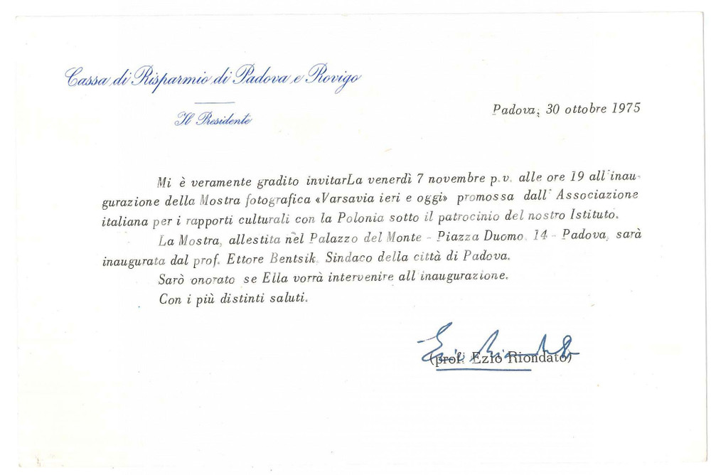 Autografo originale 1975 PADOVA Biglietto Ezio RIONDATO  Invito a una mostra  AUTOGRAFO 1