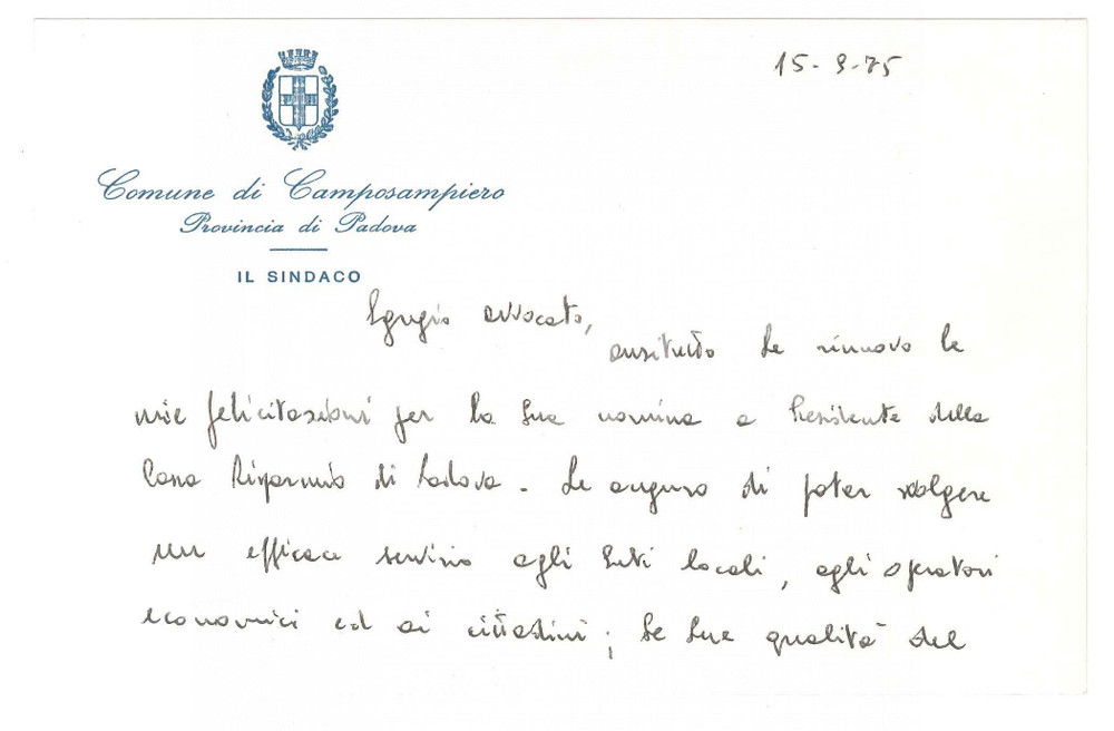Autografo originale 1975 CAMPOSAMPIERO Biglietto Marcello PAGETTA sindaco  Auguri AUTOGRAFO 1