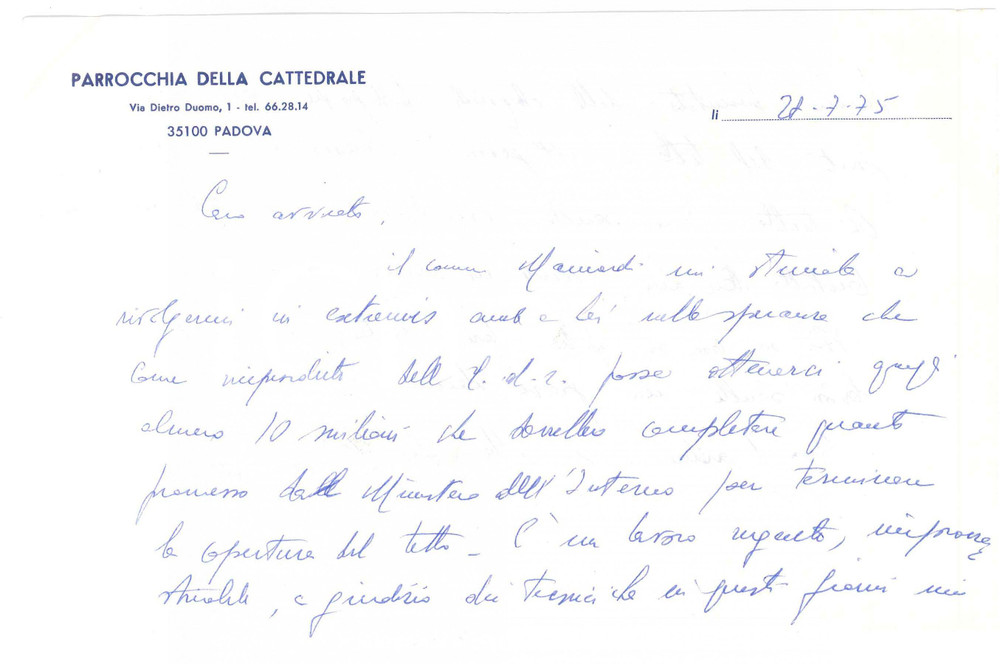 Autografo originale 1975 PADOVA Parrocchia della Cattedrale  Lettera del parroco AUTOGRAFO 1