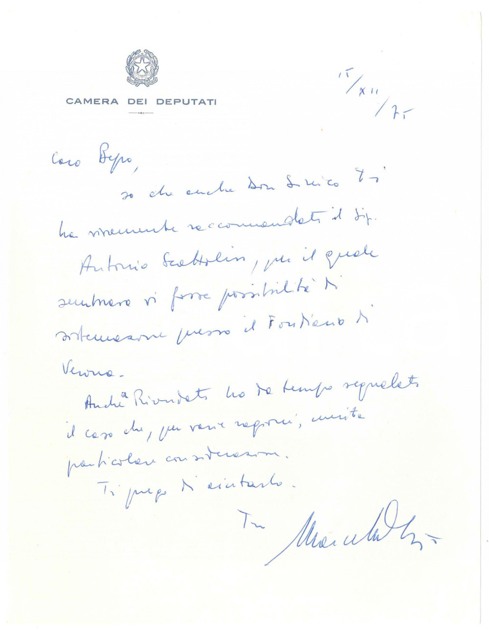 Autografo originale 1975 PADOVA On. Marcello OLIVI  Lettera raccomandazione AUTOGRAFO 1