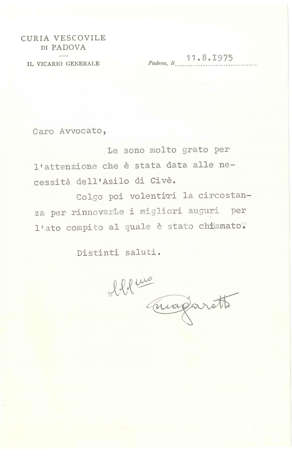 Autografo originale 1975 PADOVA Lettera mons. Alfredo MAGAROTTO per ringraziamento  AUTOGRAFO 1
