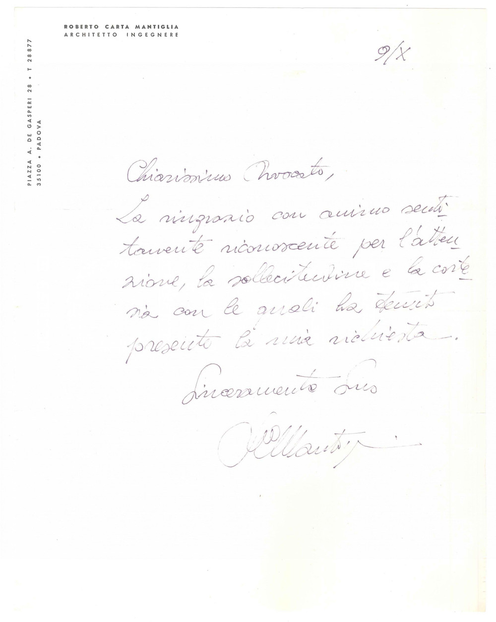 Autografo originale 1970 ca PADOVA Roberto CARTA MANTIGLIA architetto  Ringraziamenti AUTOGRAFO 1