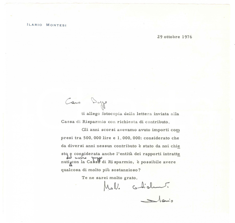 Autografo originale 1976 PADOVA Lettera Ilario MONTESI per contributo  Autografo 1