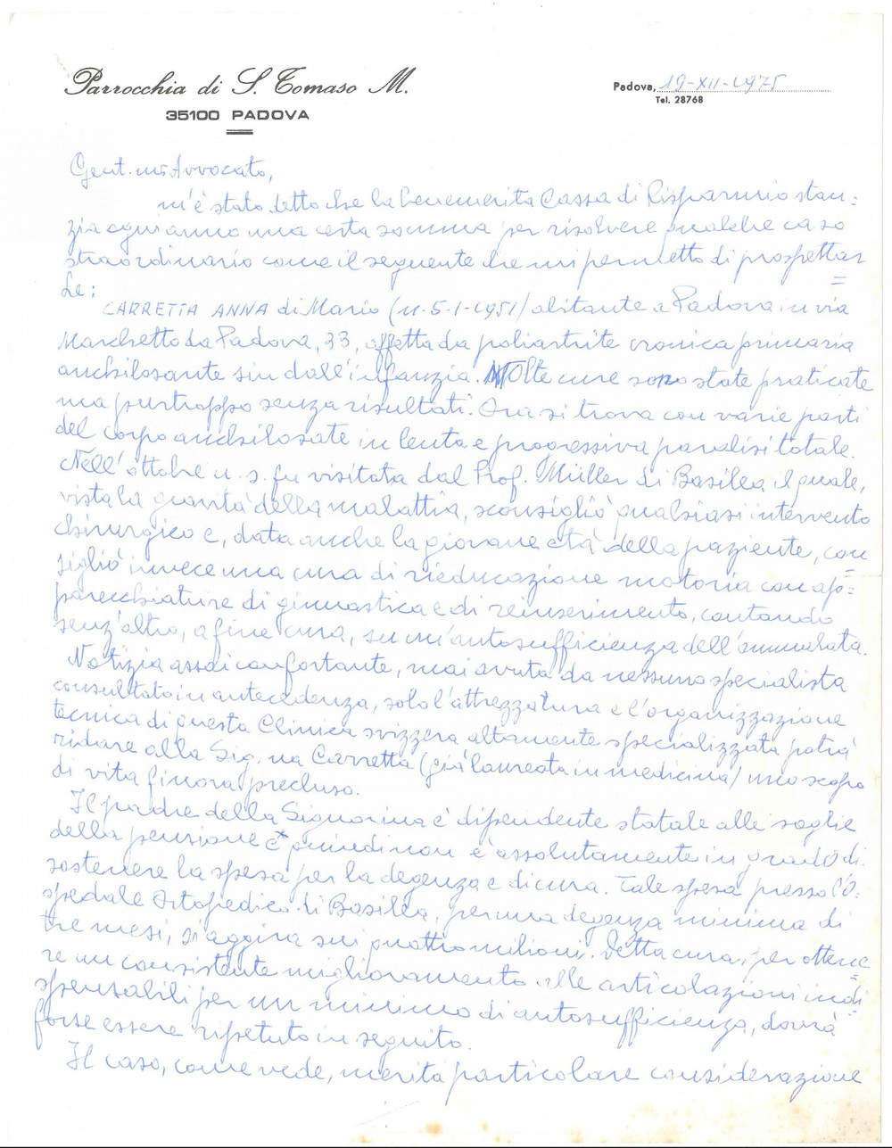 Autografo originale 1975 PADOVA Parrocchia S. TOMASO  Lettera don Guido BELTRAME AUTOGRAFO 1