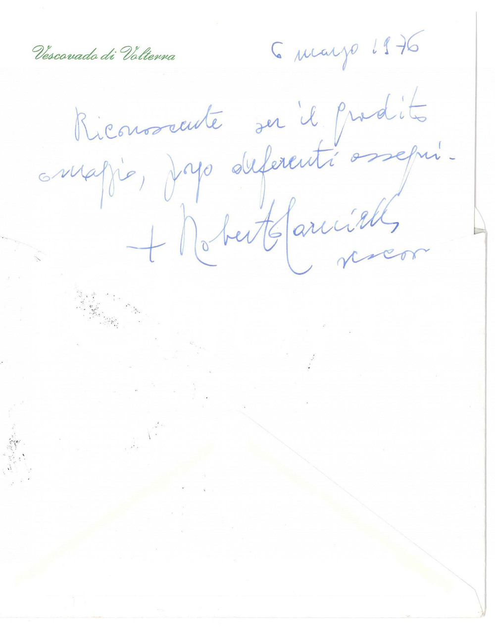 Autografo originale 1976 VOLTERRA Biglietto mons. Roberto CARNIELLO vescovo  AUTOGRAFO 1