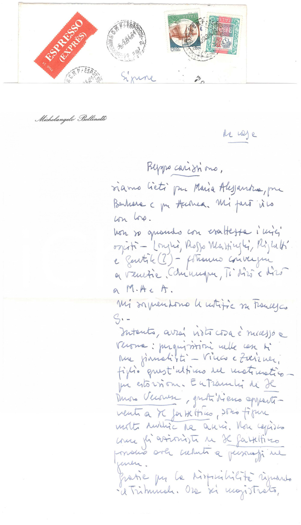 Autografo originale 1954 VERONA Michelangelo BELLINETTI  Giornalisti perquisiti AUTOGRAFO 1