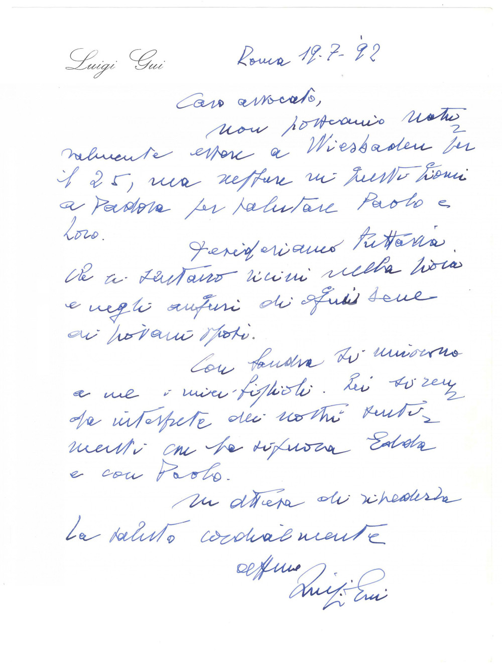 Autografo originale 1992 ROMA Lettera on. Luigi GUI con messaggio di auguri  Autografo 1