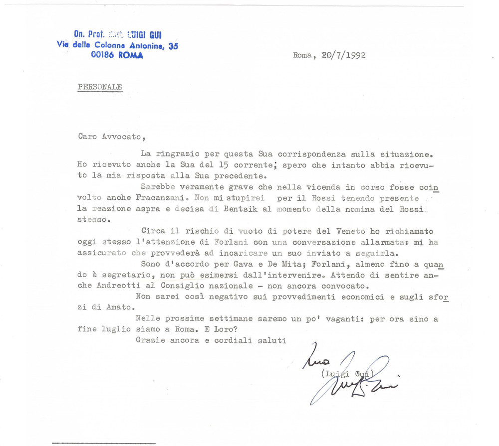 Autografo originale 1992 ROMA Lettera Luigi GUI sul possibile vuoto di potere in Veneto  Autografo 1