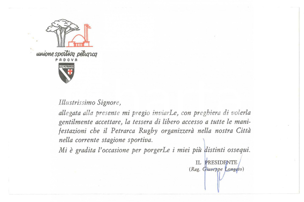 Autografo originale 1975 UNIONE SPORTIVA PADOVA Biglietto presidente Giuseppe LONGATO  Autografo 1