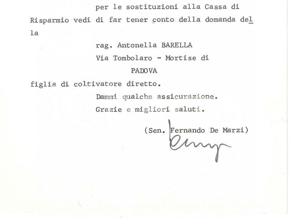 Autografo originale 1976 PADOVA Lettera sen. Fernando DE MARZI per candidati  Autografo 1