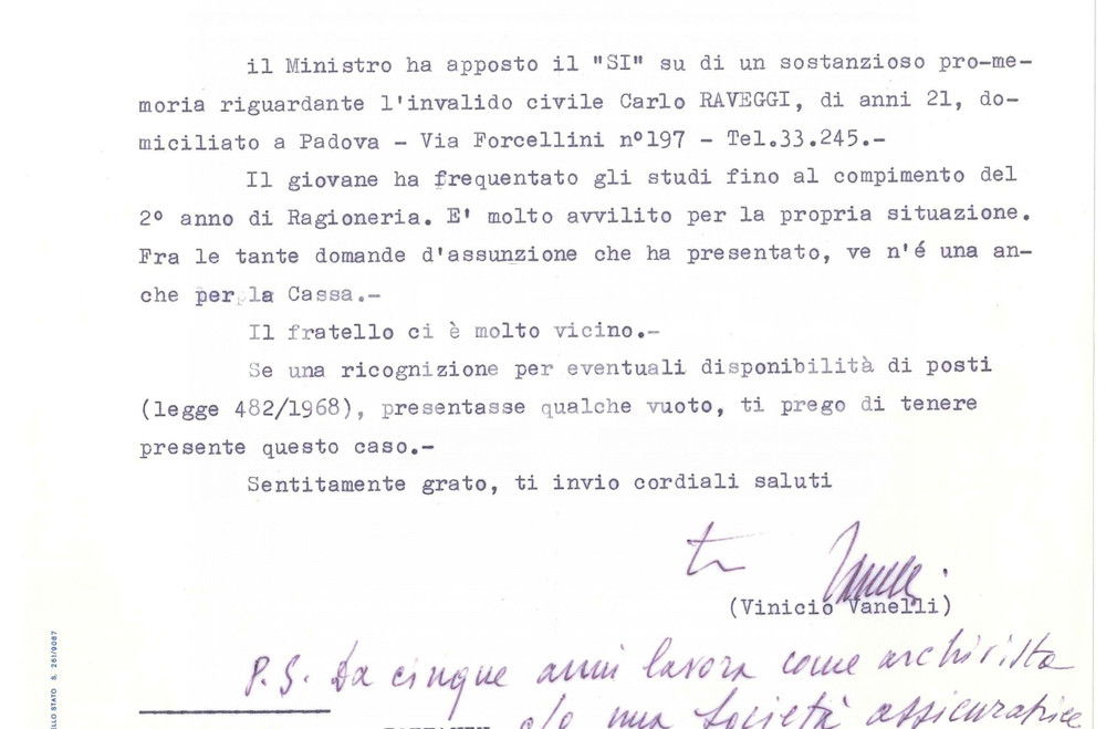Autografo originale 1975 ROMA Lettera Vinicio VANELLI  Segreteria Ministero Interno  Autografo 1