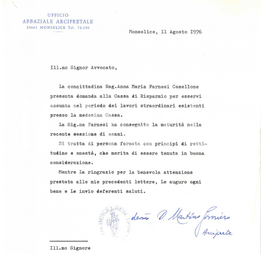 1976 MONSELICE Lettera don Martino GOMIERO - Ufficio Arcipretale - AUTOGRAFO Lettera dattiloscritta, con firma autografa di don Martino Gomiero, futuro vescovo di Adria-Rovigo.Su carta intestata.Unita bozza di messaggio dattiloscritto.PAGINE: 1 FAIR/discreto piegature d'epoca e gualciture marginali; piccoli fori da affissione  originale e autentica 1