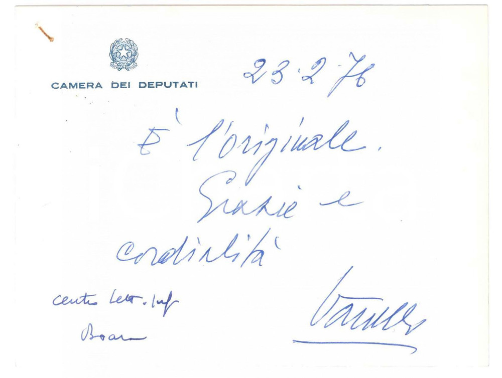 Autografo originale 1976 ROMA Biglietto Vinicio VANELLI segretario ministro Interno  Autografo 1