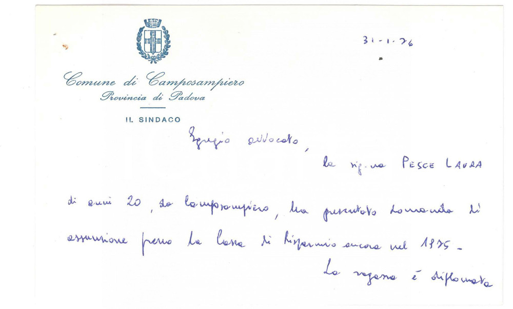 Autografo originale 1976 CAMPOSAMPIERO PD Biglietto Marcello PAGETTA sindaco  AUTOGRAFO 1