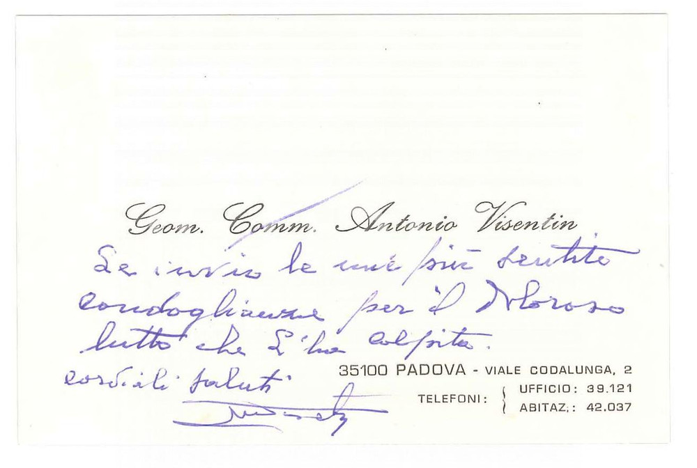 Autografo originale 1975 PADOVA Geom. Antonio VISENTIN  Biglietto da visita autografo 1