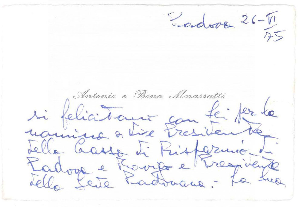 Oggetto da collezione cartaceo 1975 PADOVA Antonio e Bona MORASSUTTI  Biglietto da visita autografo 1