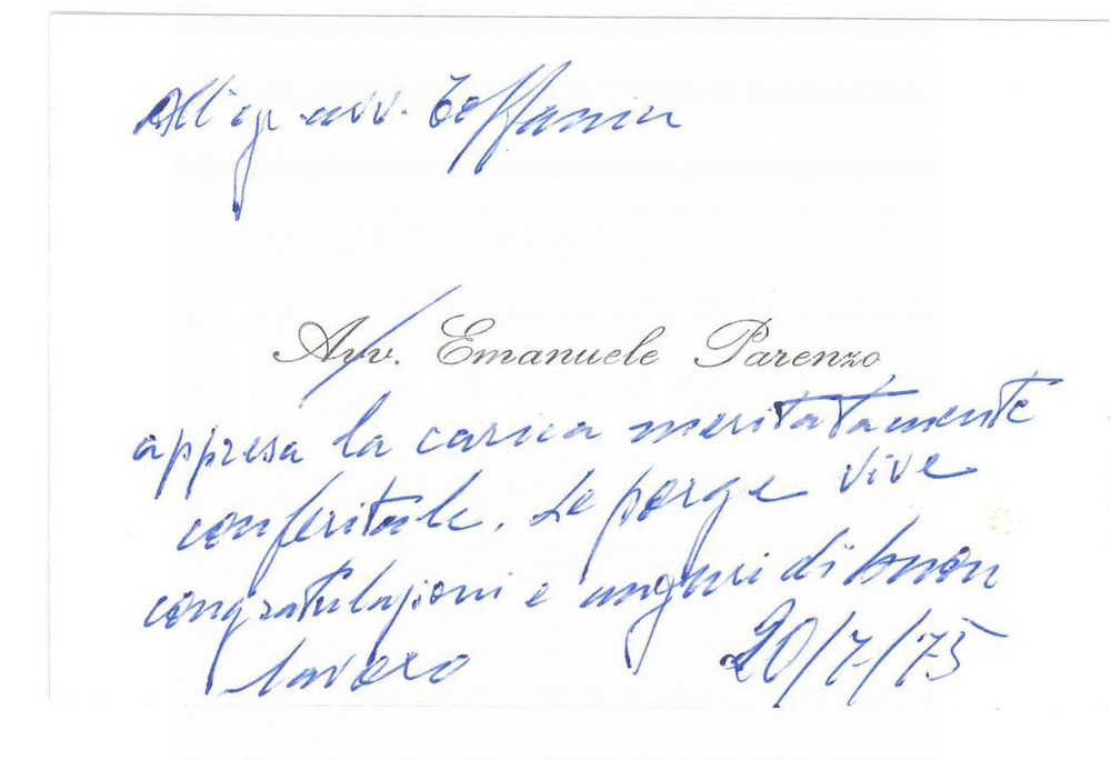 Autografo originale 1975 PADOVA Avv. Emanuele PARENZO  Biglietto da visita con AUTOGRAFO 1
