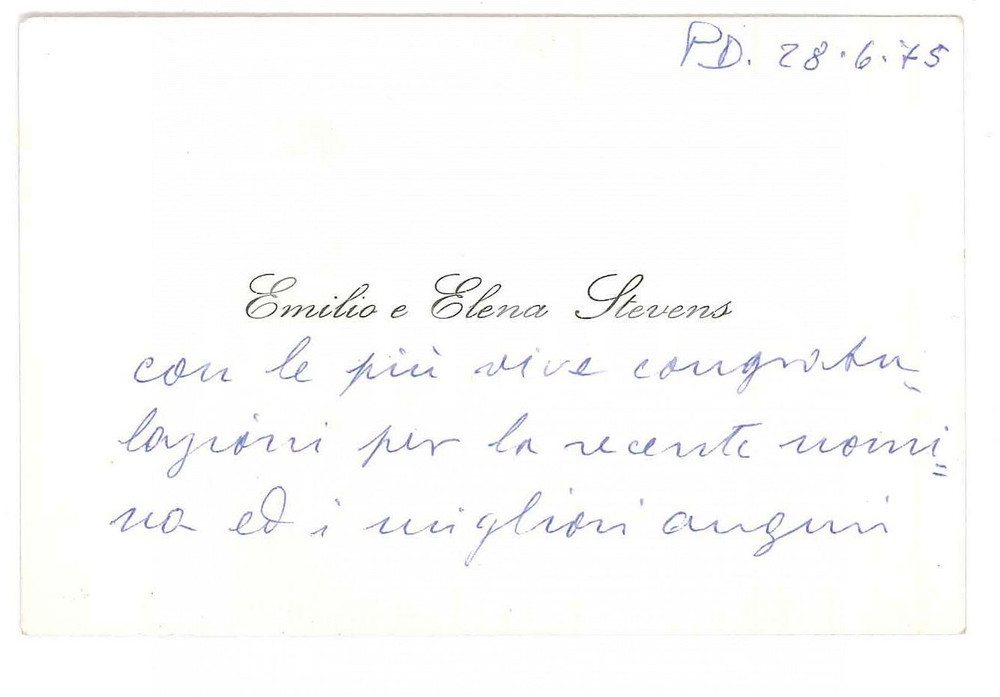 Autografo originale 1975 PADOVA Emilio ed Elena STEVENS  Biglietto da visita autografo 1