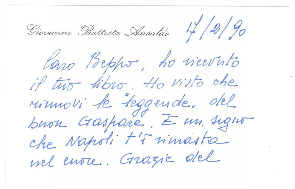 Autografo originale 1990 GENOVA Giovanni Battista ANSALDO promette libro  Biglietto AUTOGRAFO 1
