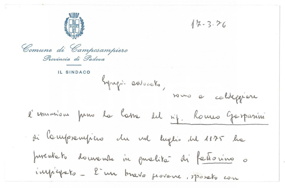 Autografo originale 1976 CAMPOSAMPIERO Biglietto Marcello PAGETTA sindaco pro fattorino AUTOGRAFO 1
