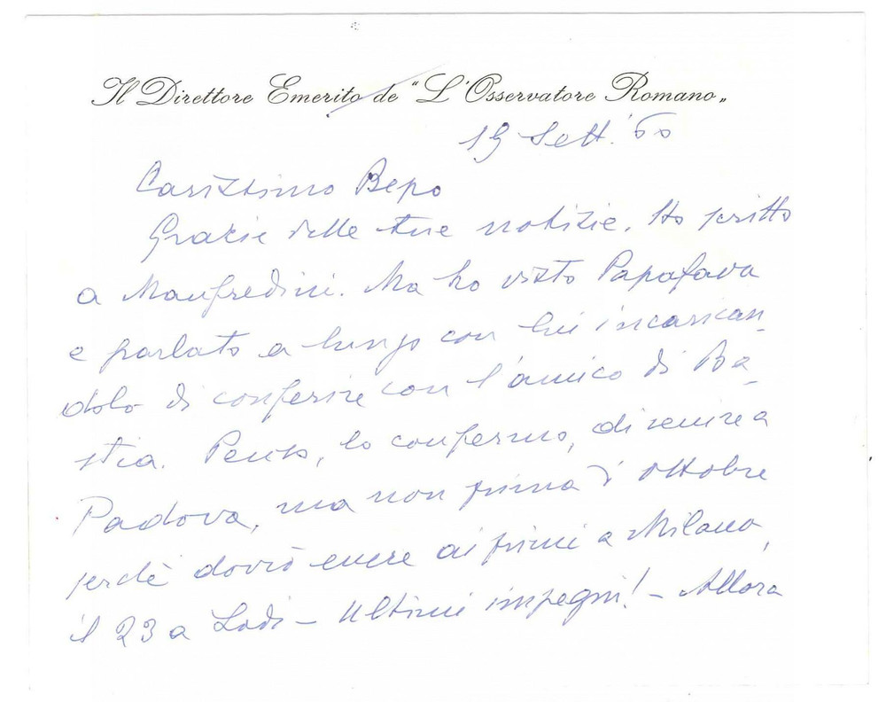 Autografo originale 1960 ROMA L OSSERVATORE ROMANO Biglietto Giuseppe DALLA TORRE Autografo 7 1