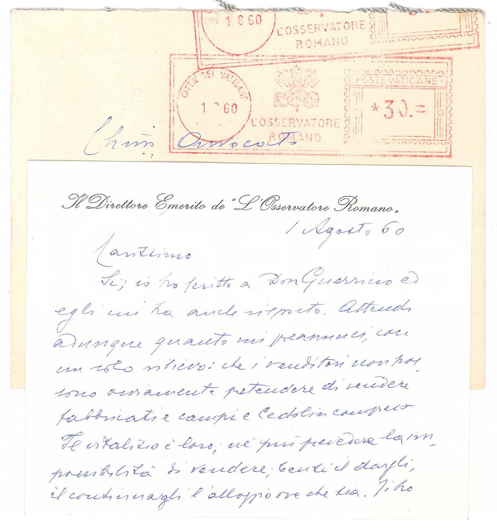 Autografo originale 1960 ROMA L OSSERVATORE ROMANO Biglietto Giuseppe DALLA TORRE Autografo 6 1