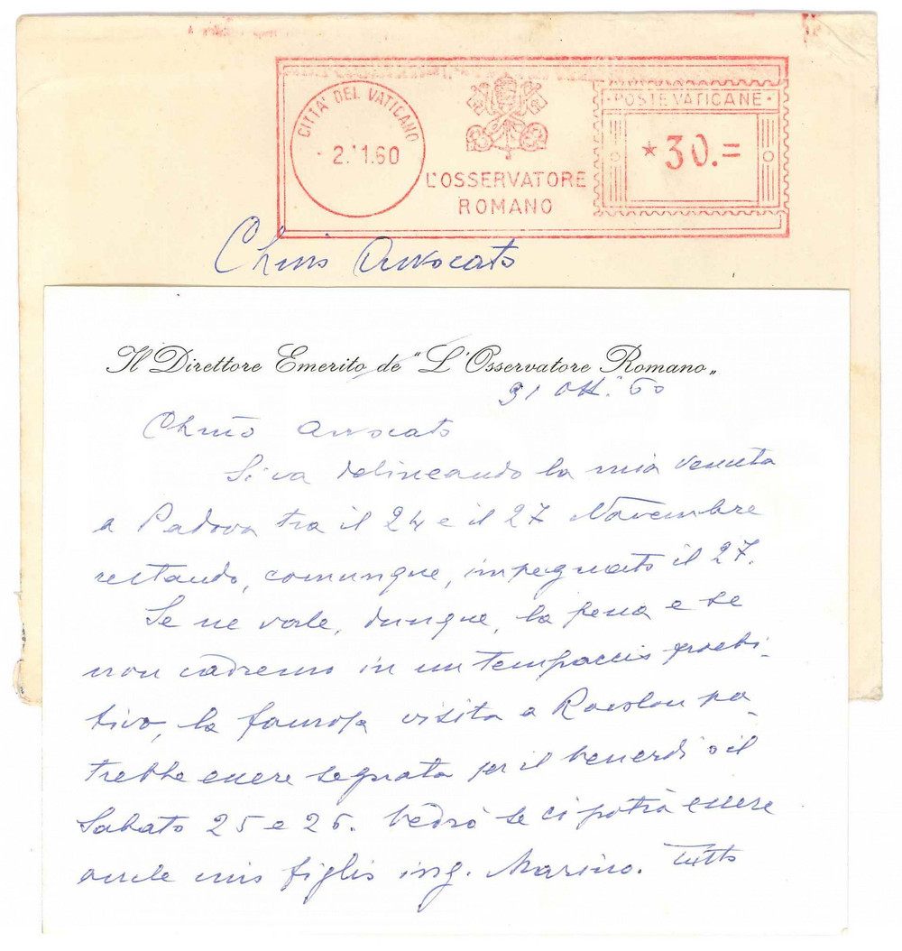 Autografo originale 1960 ROMA L OSSERVATORE ROMANO Biglietto Giuseppe DALLA TORRE Autografo 5 1