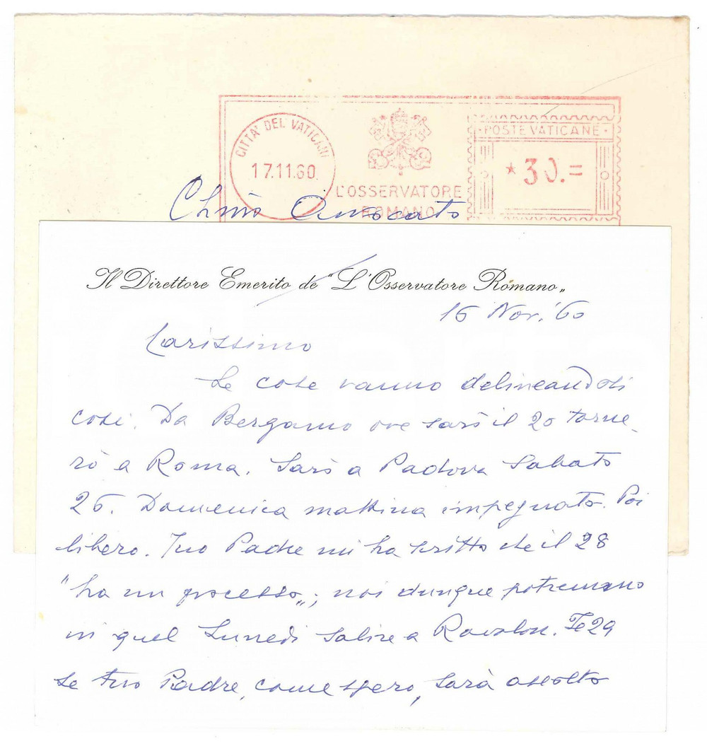 Autografo originale 1960 ROMA L OSSERVATORE ROMANO Biglietto Giuseppe DALLA TORRE Autografo 4 1