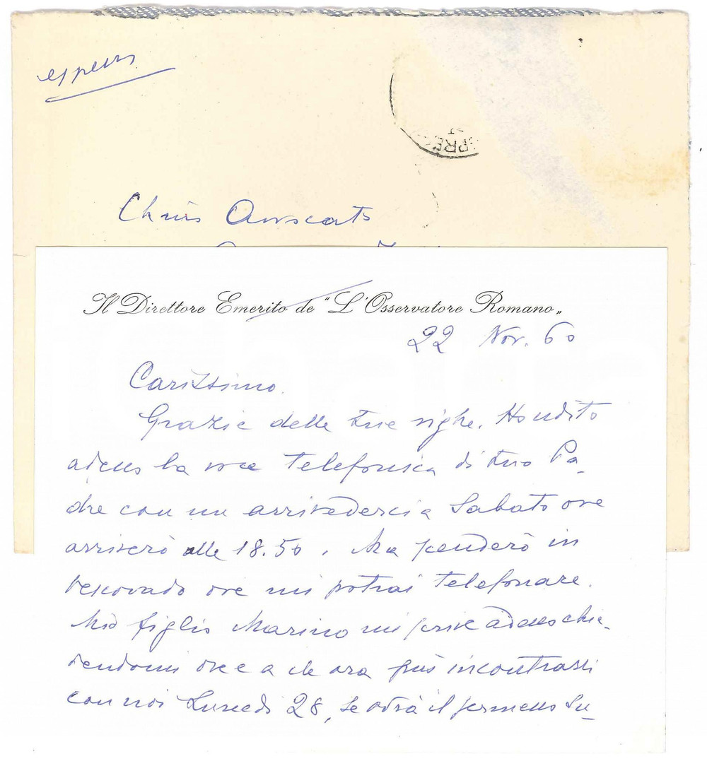 Autografo originale 1960 ROMA L OSSERVATORE ROMANO Biglietto Giuseppe DALLA TORRE Autografo 3 1