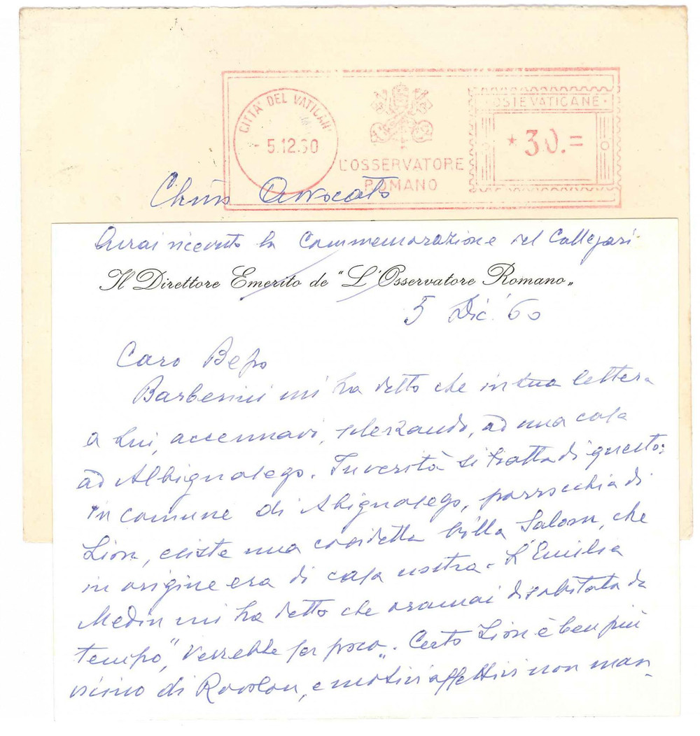 Autografo originale 1960 ROMA L OSSERVATORE ROMANO Biglietto Giuseppe DALLA TORRE Autografo 2 1