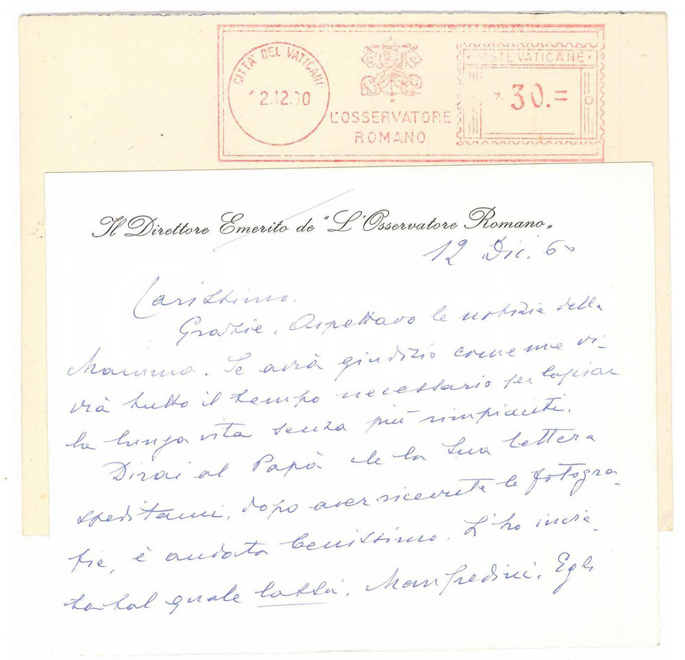 Autografo originale 1960 ROMA L OSSERVATORE ROMANO Giuseppe DALLA TORRE Direttore Emerito Autografo 1
