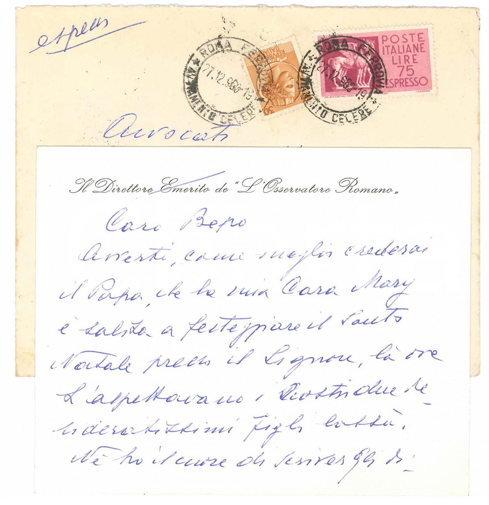 Autografo originale 1960 ROMA L OSSERVATORE ROMANO Biglietto Giuseppe DALLA TORRE Autografo 1