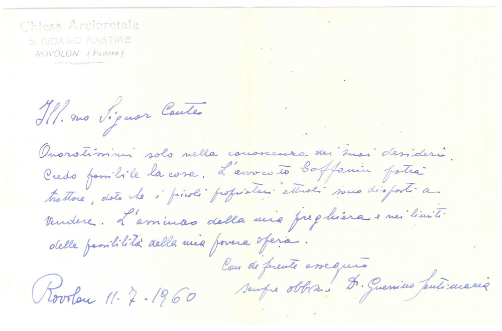 1960 ROVOLON (PD) Chiesa San Giorgio Martire - Lettera don Guerrino SANTIMARIA Lettera autografa del rettore della chiesa arcipretale, relativa a una trattativa, su carta intestata.PAGINE: 1 FAIR/discreto piegature d'epoca  originale e autentica 1