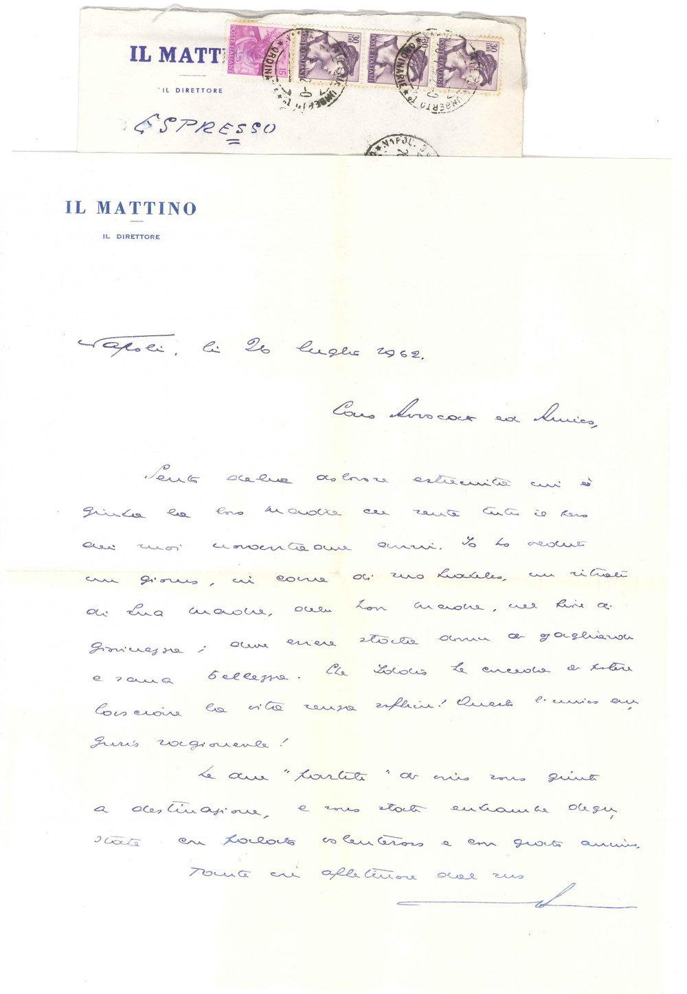 Autografo originale 1962 NAPOLI IL MATTINO Direttore Giovanni ANSALDO  Lettera Autografo 1