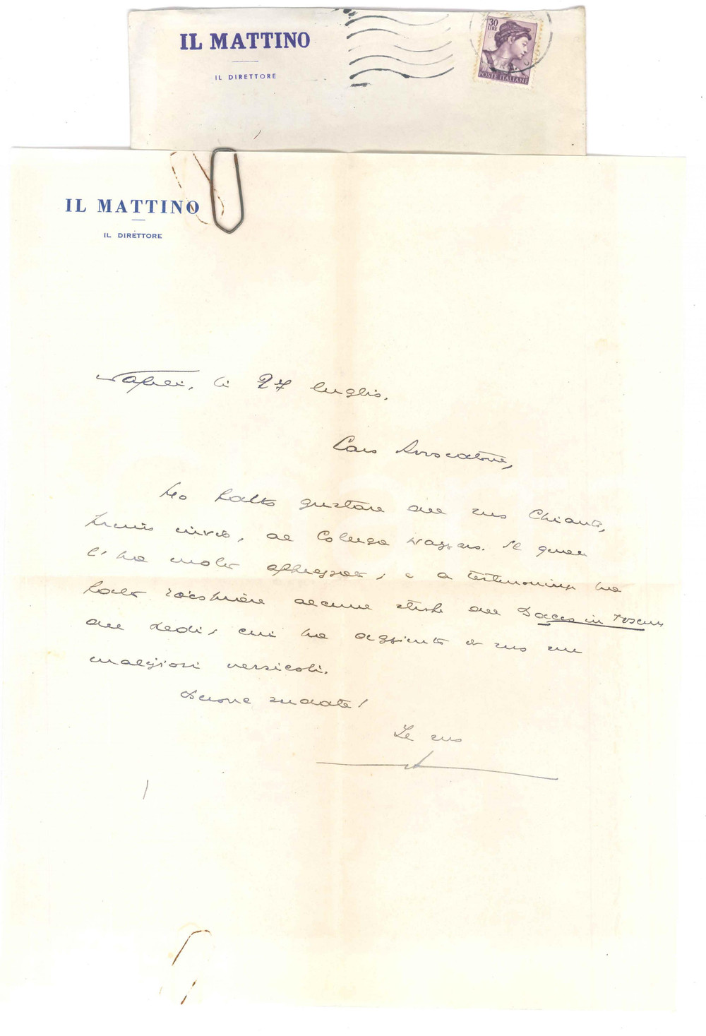 Autografo originale 1959 NAPOLI IL MATTINO Direttore Giovanni ANSALDO  Sonetto Chianti  Lettera 1