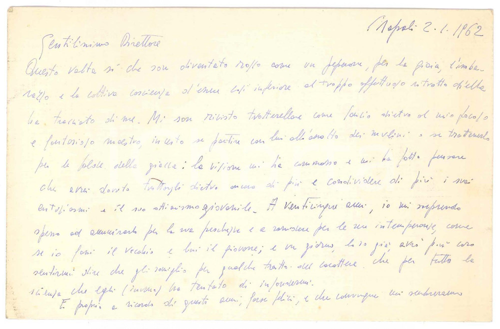 Autografo originale 1962 NAPOLI Giancarlo MAZZACURATI ringrazia per un articolo Autografo 1