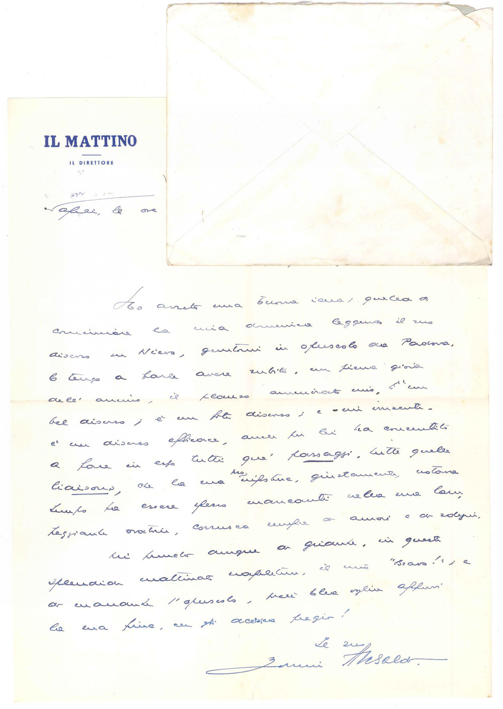 Autografo originale 1959 NAPOLI IL MATTINO Giovanni ANSALDO su pubblicazione ricevuta  Lettera 1