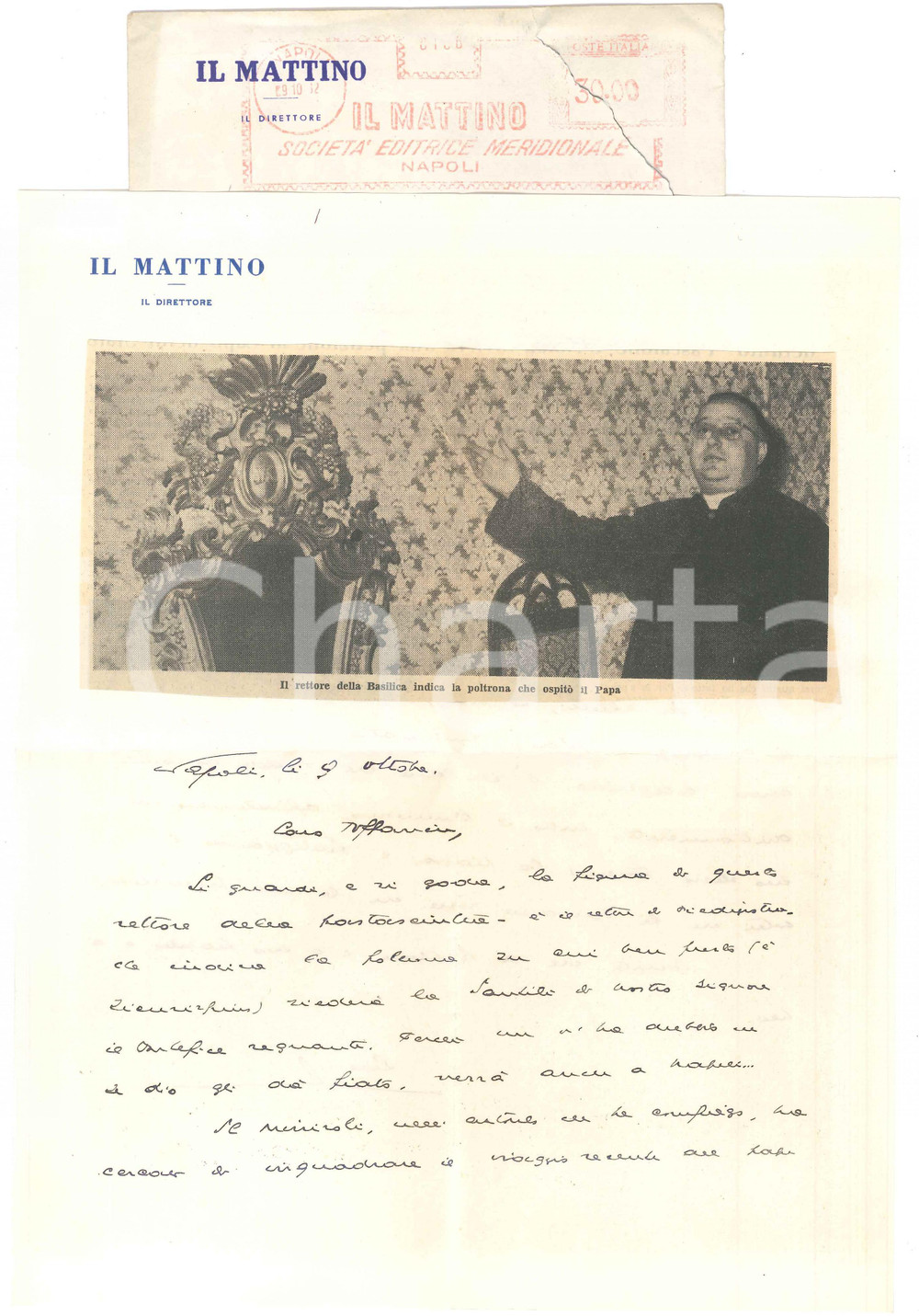 Autografo originale 1962 NAPOLI IL MATTINO Giovanni ANSALDO e il rettore della Basilica Autografo 1