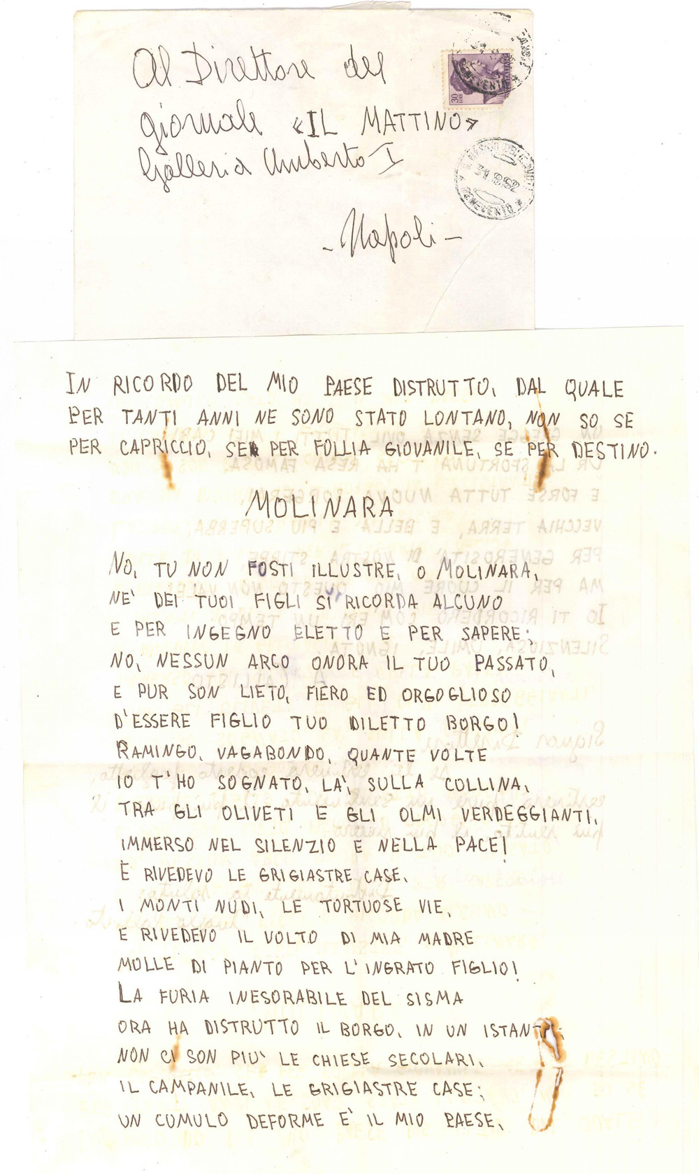 Autografo originale 1962 TERREMOTO DELL IRPINIA  Angelo CALLISTO  Poesia a Molinara Autografo 1