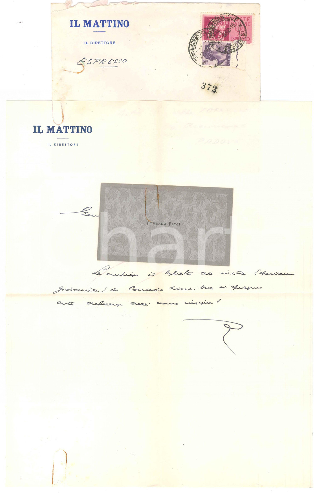 Autografo originale 1962 NAPOLI IL MATTINO Giovanni ANSALDO  Lettera con biglietto AUTOGRAFO 1