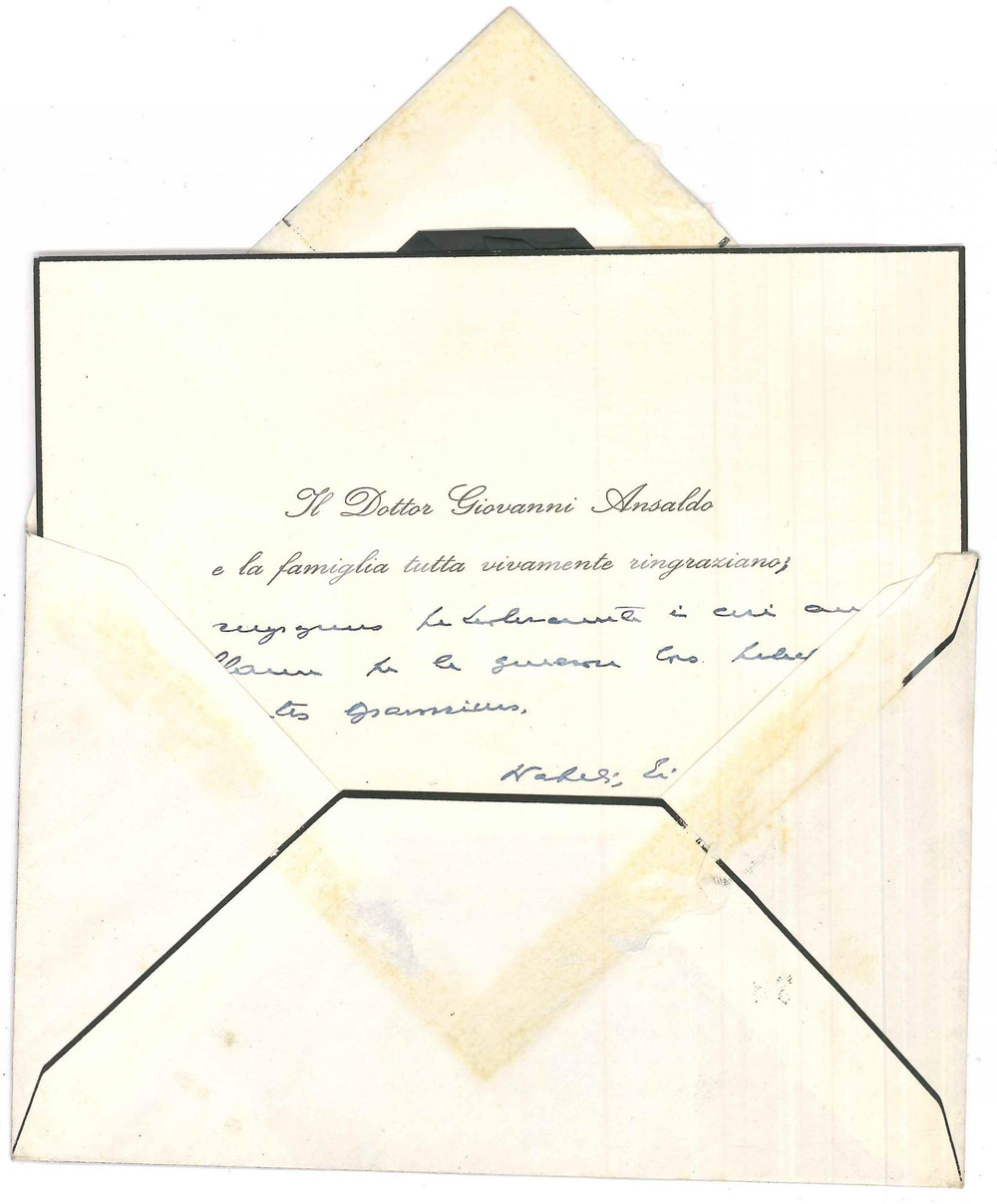 Autografo originale 1962 NAPOLI Giovanni ANSALDO  Biglietto ringraziamento lutto  AUTOGRAFO 1