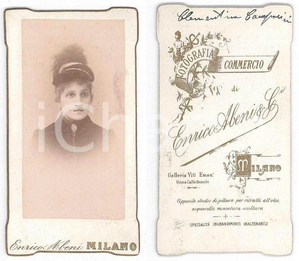 Fotografia d epoca originale 1905 ca MILANO Ritratto di Clementina CAMPORINI  Foto Enrico ABENI 5x9 cm 1