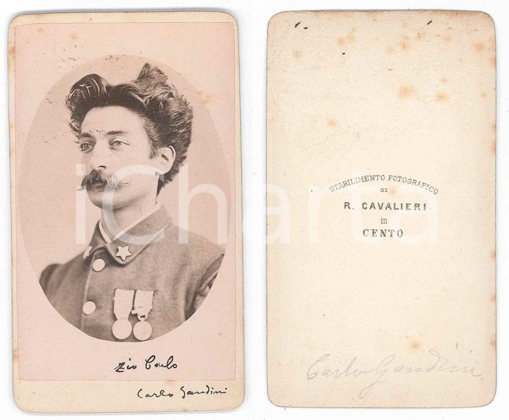 Fotografia d epoca originale 1870 ca CENTO FE REGIO ESERCITO Carlo GANDINI  Foto R. CAVALIERI CDV 1