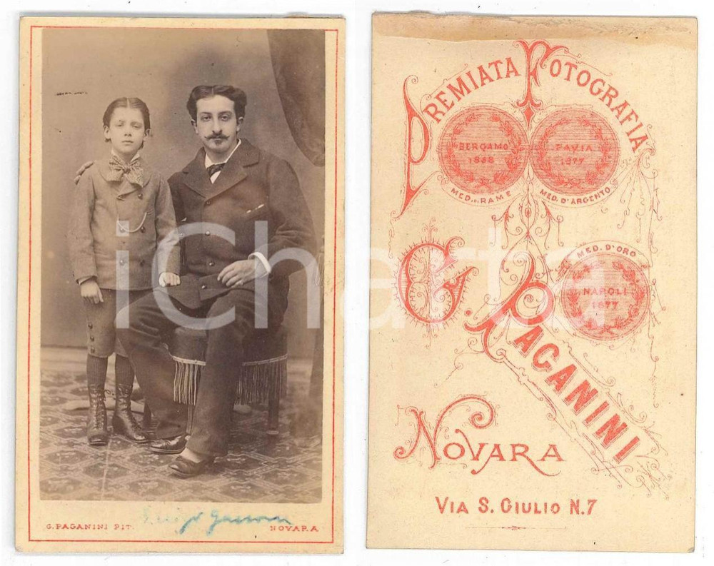 Fotografia d epoca originale 1880 ca NOVARA Ritratto di Luigi GARRONE con il figlio  Foto G. PAGANINI CDV 1