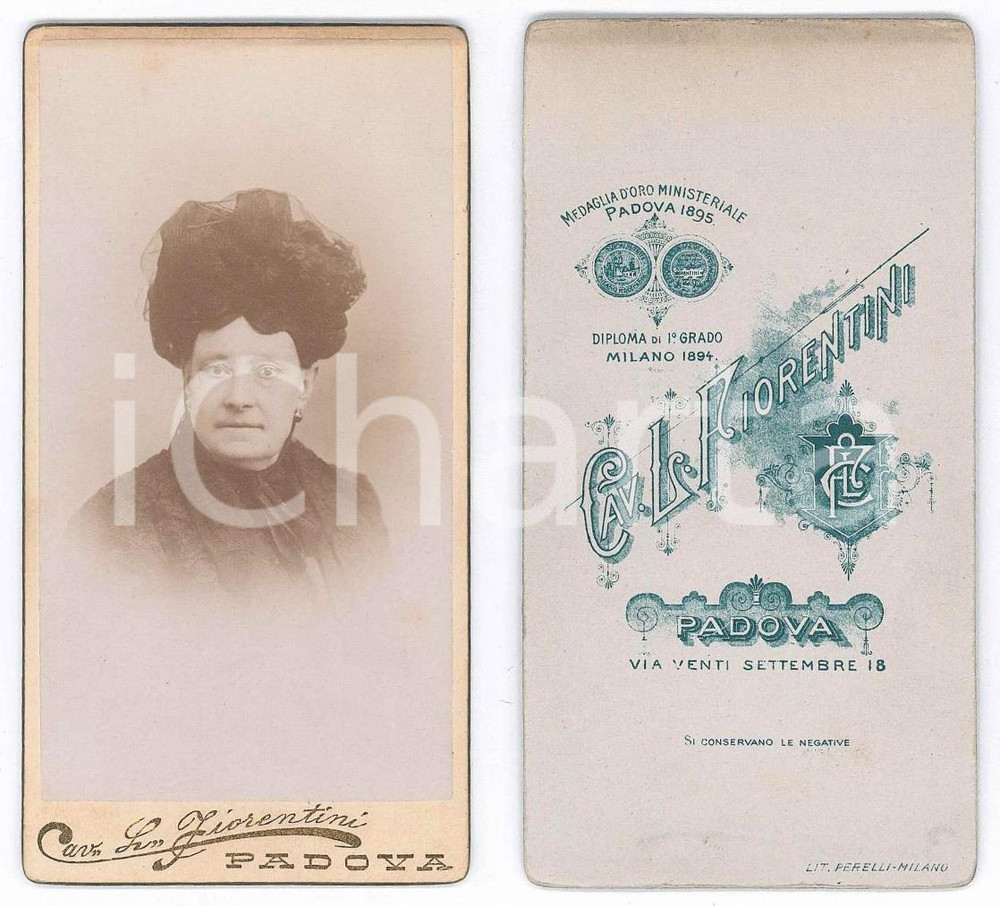 Fotografia d epoca originale 1900 ca PADOVA  Ritratto di donna con cappello  Foto FIORENTINI CDV 1