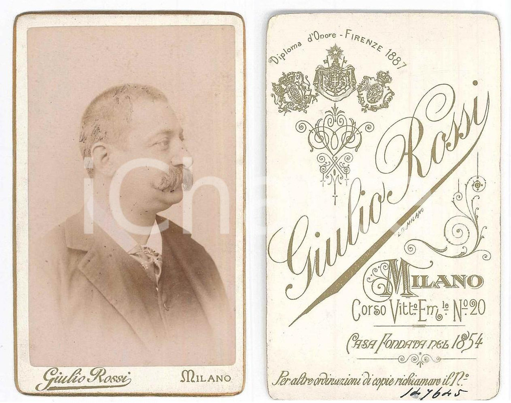 Fotografia d epoca originale 1890 ca MILANO Ritratto maschile di profilo  Foto Giulio ROSSI  CDV 1
